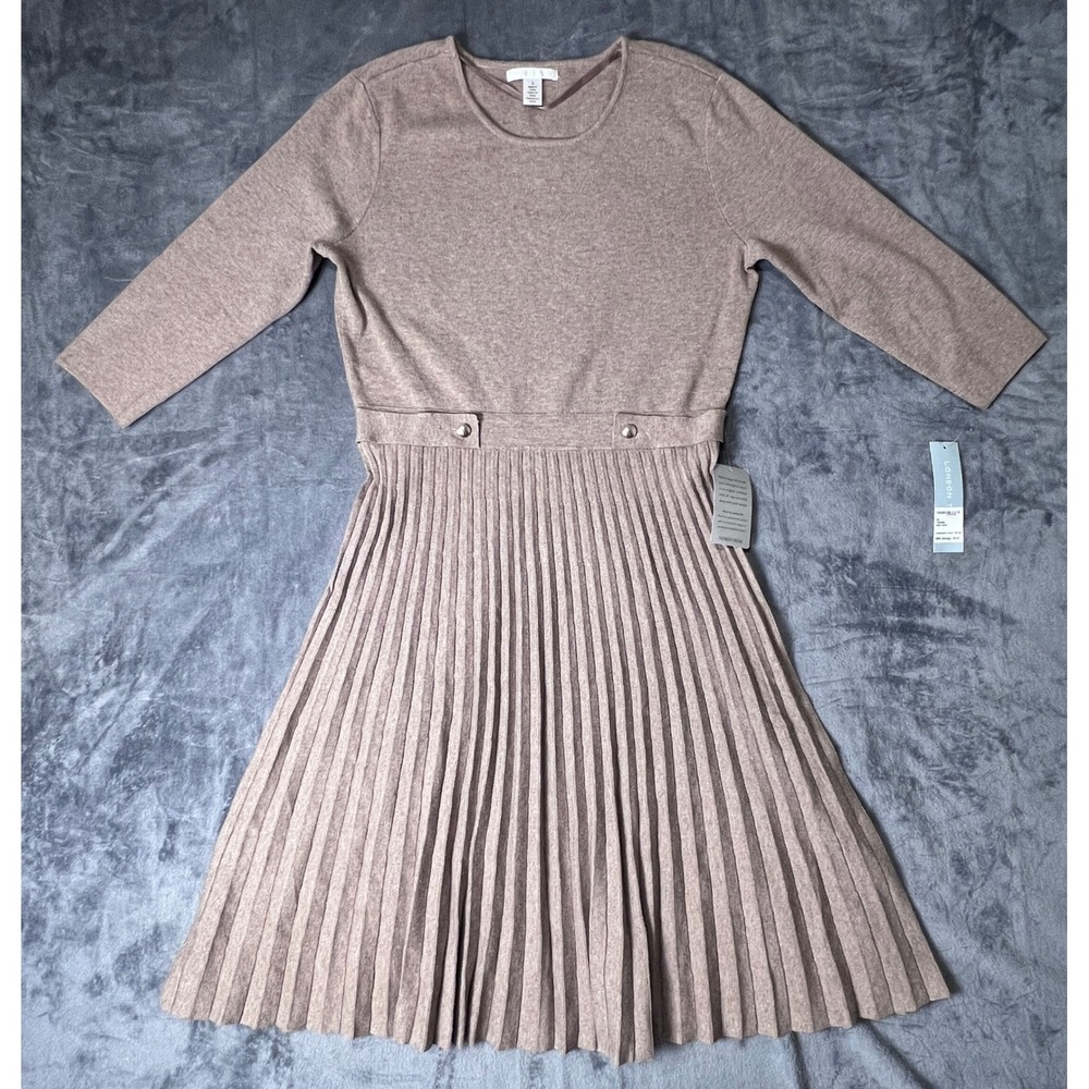 NWT London Times Womens L Dark Taupe Sweater Dress Pleated Skirt Button Accent